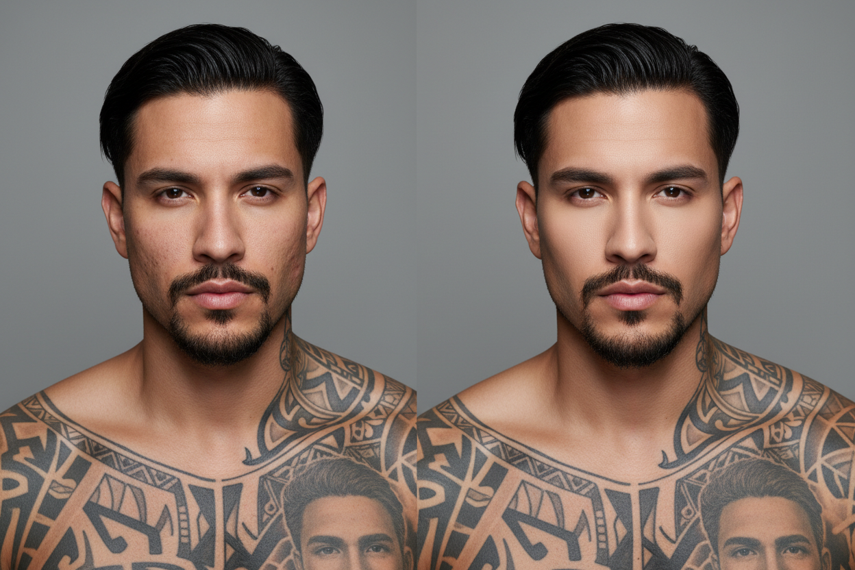 Handsome Latino man with goatee - dramatic before and after makeup transformation